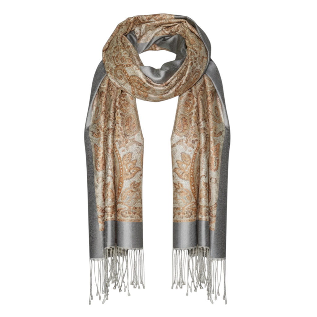 Beige Jacquard Scarf With Silver Border